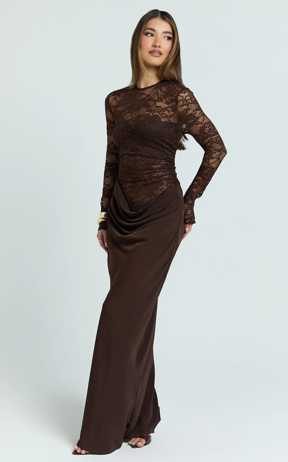 Crisanta Maxi Dress - Long Sleeve Contrast Lace Bodycon Dress in Chocolate | Showpo (ANZ)