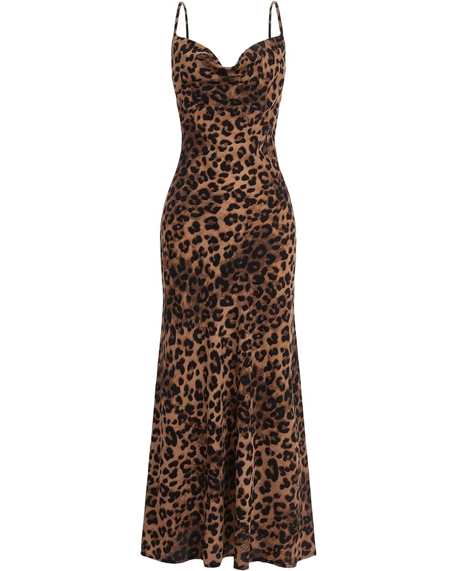 Floerns Women's Leopard Print Draped Collar Spaghetti Strap Cami Long Dress | Amazon (US)