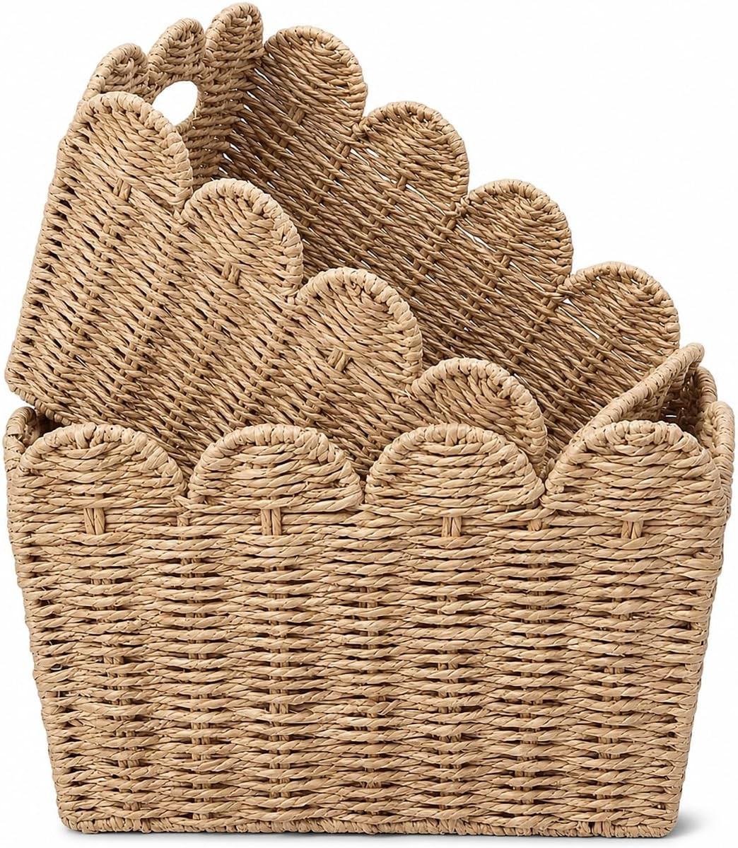 Scalloped Storage Baskets Set of 2, Built-In Handles | Amazon (US)