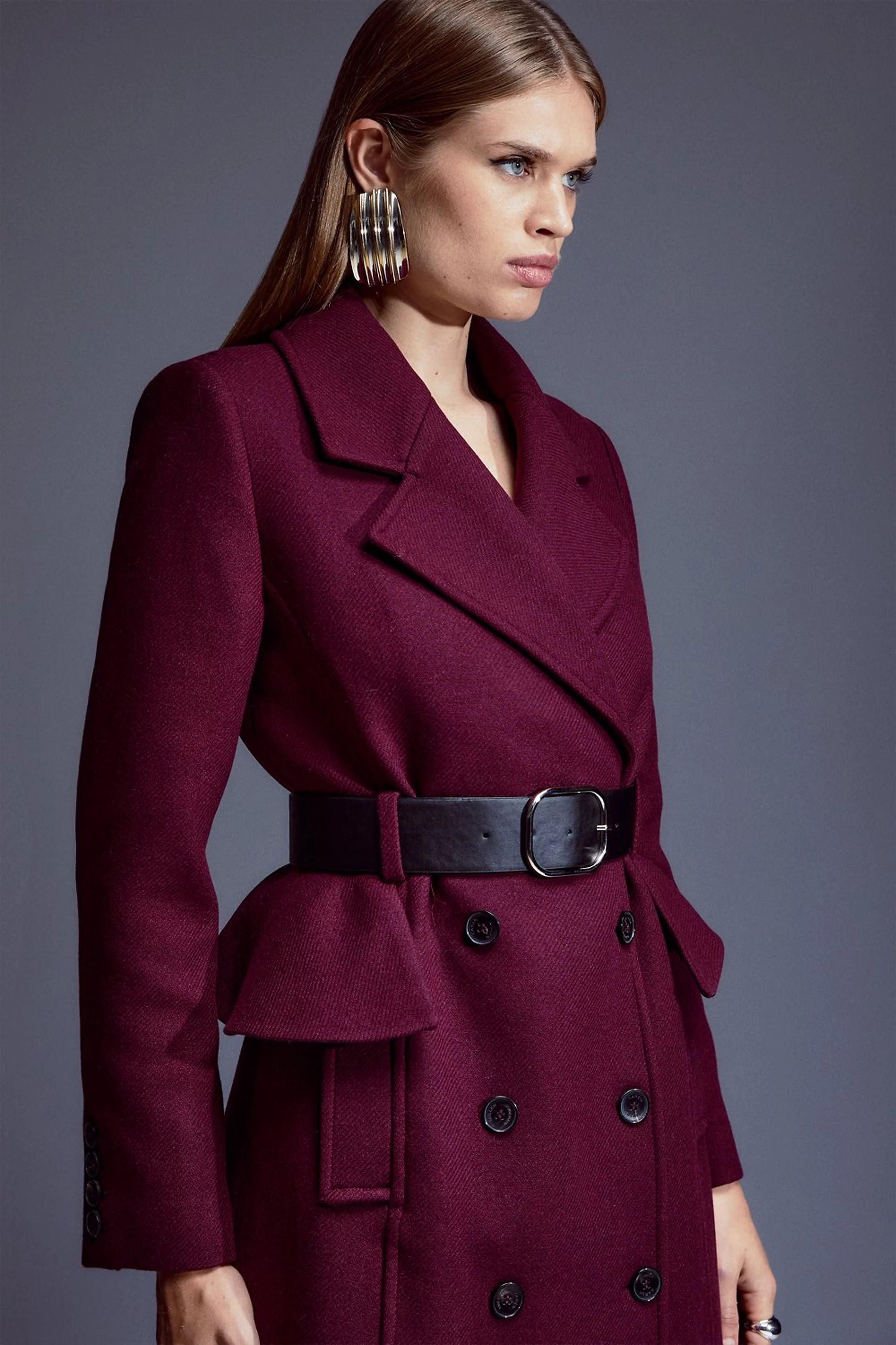 Italian Manteco Wool Belted Midi Peplum Coat | Karen Millen UK + IE + DE + NL