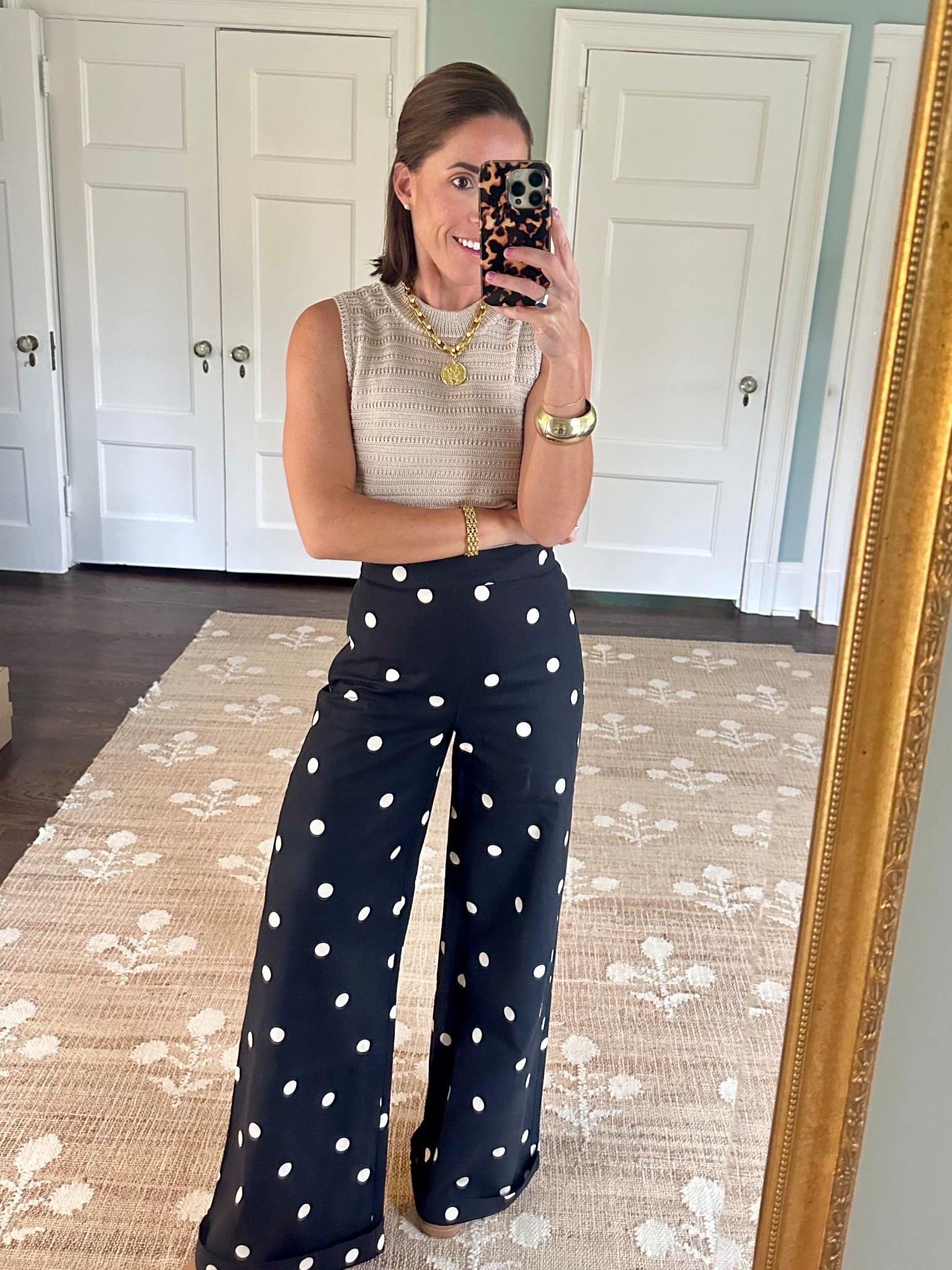 Sezane polka dot trousers, Marie Oliver knit top and sezane gold pendant necklace 

#LTKStyleTip