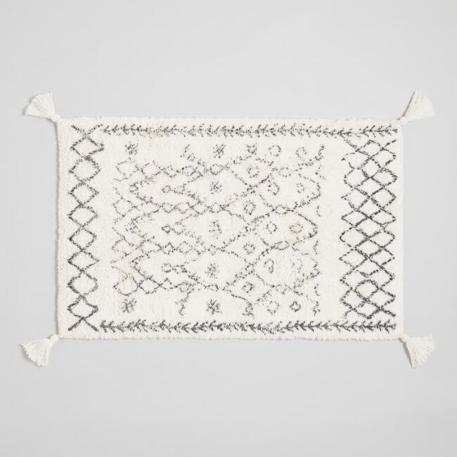 Oversized Ivory and Black Moroccan Tassel Bath Mat | World Market