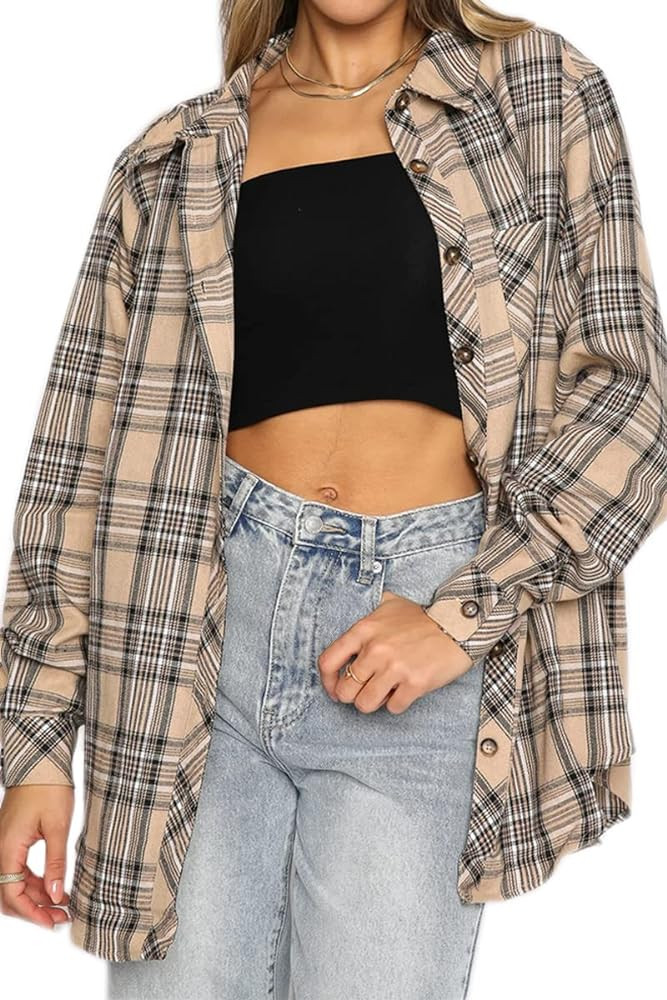 Womens Button Down Flannel Shirts Long Sleeve Plaid Shackets Business Casual Blouse Top | Amazon (US)