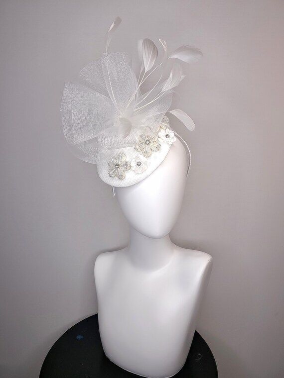 kentucky derby hat fascinator white woven round with beaded rhinestone sequin flower decor and  w... | Etsy (US)