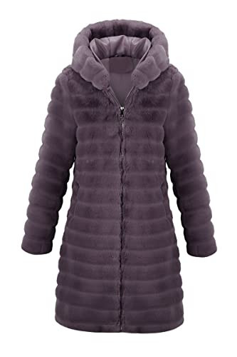 RISISSIDA Long Faux Fur Coat Women Jacket with Hood Fuzzy Fleece Winter Fall Thermal Shearling Warm Fluffy Furry Overcoat Purple 120757A L | Amazon (US)