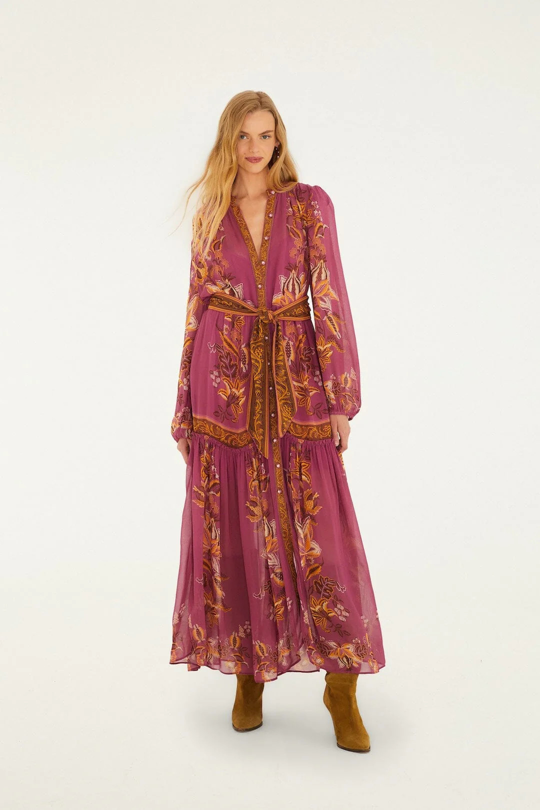 Pink Delicate Chintz Puff Sleeve Belted Maxi Dress | FARM Rio | FarmRio (US)