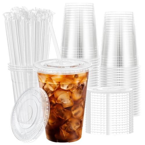 Huifany 100 Pack 16 oz Disposable Plastic Cups with Lids and Straws, Clear Party Coffee Cups for Cold Beverages, Smoothies, Iced Coffee, and Leak-Proof, BPA-Free | Amazon (US)