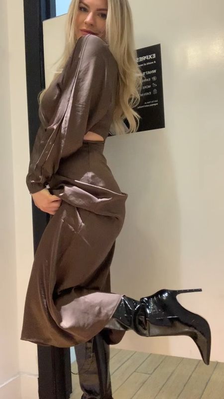 Fall maxi dress with cutouts, satin brown dress, elegant modest wedding guest dress, sexy cutouts, knee high black leather boots, stiletto boots, fall winter outfit 

#LTKunder100 #LTKSeasonal #LTKwedding