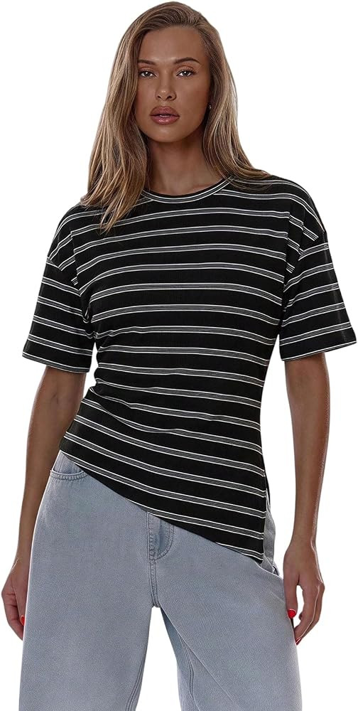 SOLY HUX Women's Striped T Shirt Split Asymmetrical Casual Summer Tee Tops | Amazon (US)