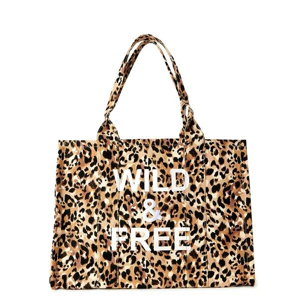 Time and Tru Women's Elevated Canvas Tote Bag Leopard Wild & Free - Walmart.com | Walmart (US)