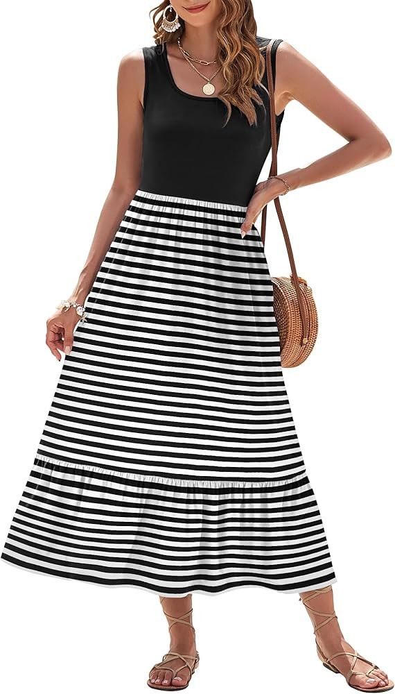 AUSELILY Womens Summer Dresses 2025 Sleeveless Maxi Dress Square Neck Casual Tiered Long Dress wi... | Amazon (US)
