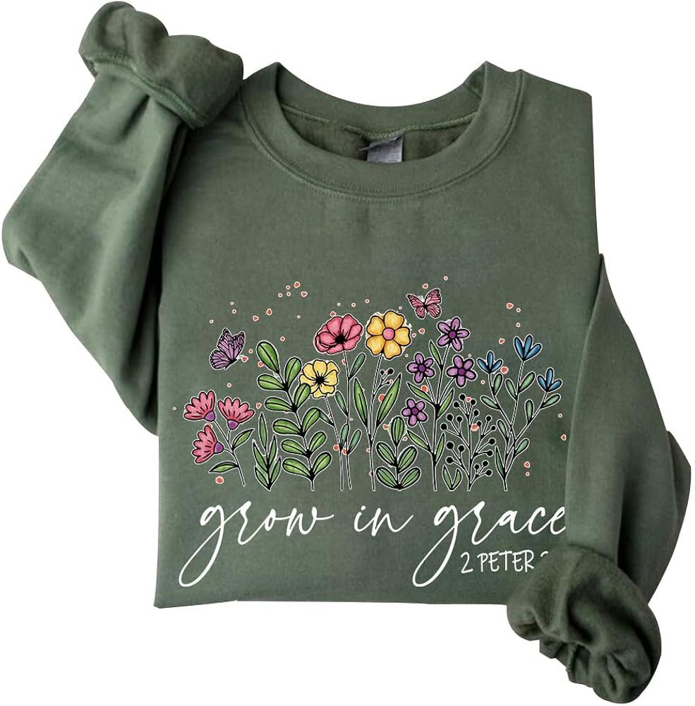 DIOMMELL Grow in Grace Sweatshirt Bible Verse Sweatshirt Gift Sweatshirt For Christian | Amazon (US)