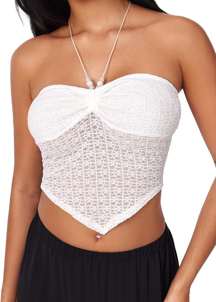 CIDER Halter Tops for Women Crochet Boho Backless Ruched Tie Back Vacation Beach Tank Crop Tops | Amazon (US)