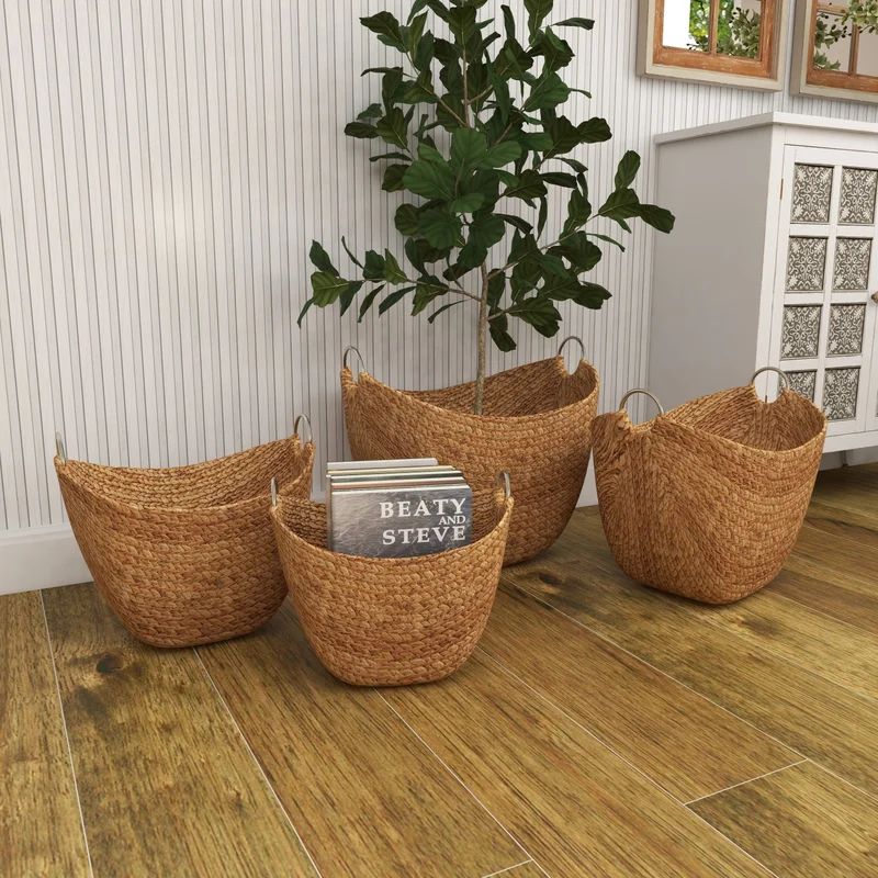 4 Piece Brown Seagrass Handmade Woven Storage Basket with Metal Handles Set | Wayfair North America
