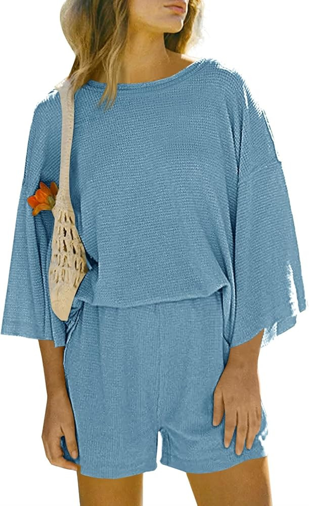 Tankaneo Womens Short Sets 2 Piece Outfits 3/4 Sleeve Tops and Elastic Waist Shorts Lounge Set Ca... | Amazon (US)