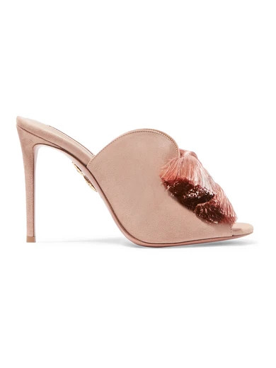 Aquazzura - Lotus Blossom Fringed Bow-embellished Suede Mules - Baby pink | NET-A-PORTER (US)