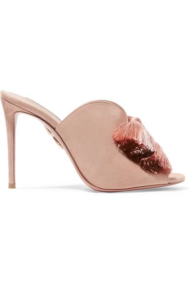 Aquazzura - Lotus Blossom Fringed Bow-embellished Suede Mules - Baby pink | NET-A-PORTER (US)