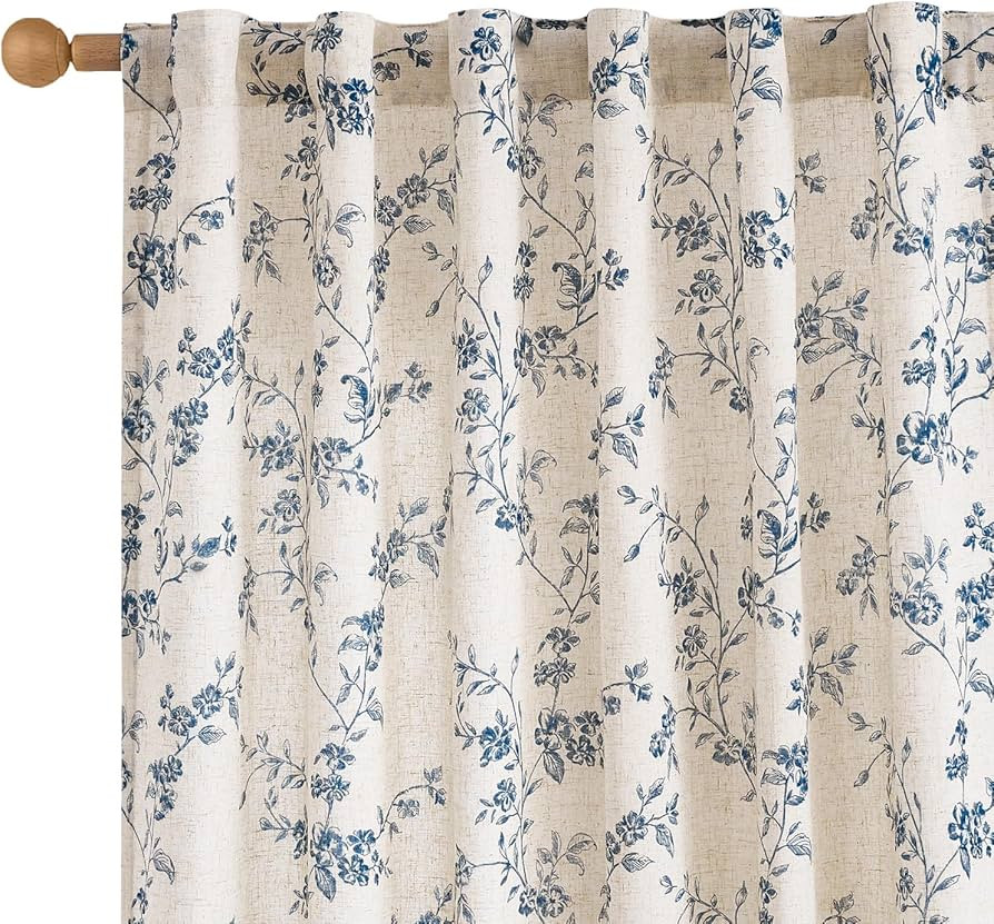 Lazzzy Farmhouse Linen Curtains Blue Floral Curtains 96 Inch Long Back Tab Drapes for Living Room... | Amazon (US)