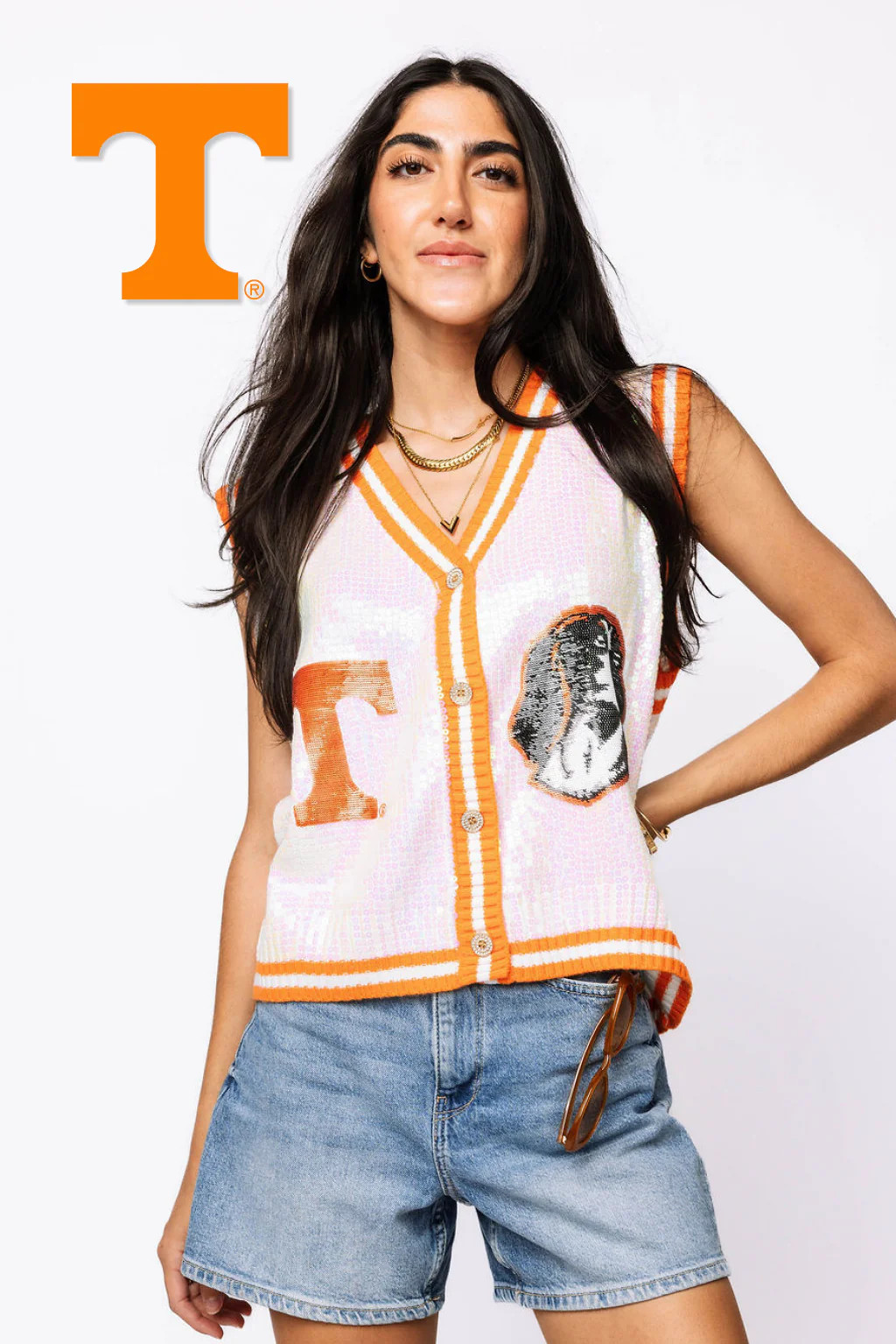 Licensed- White & Orange Tenn Full Sequin Button Up Sweater Vest | Queen of Sparkles