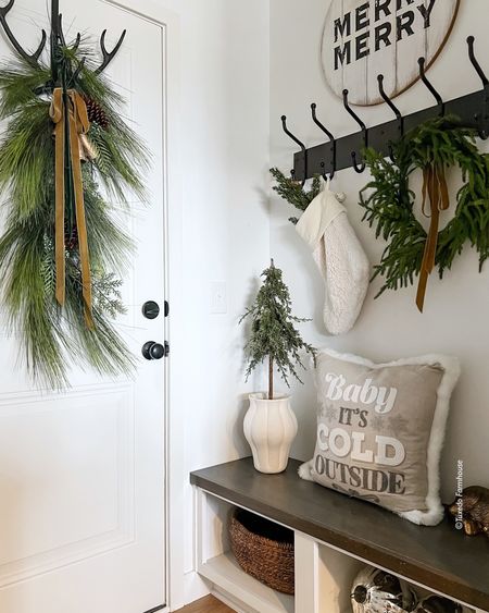 My tiny mudroom area is holiday ready with a door swag, Norfolk wreath, potted mini tree and oversized Mercury ornaments  

#LTKhome #LTKHoliday #LTKSeasonal
