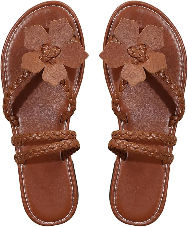 BEAUDRM Women's Flower Sandals Braided Toe Post Flat Sandals Open Toe Cross Strappy Boho Sandals ... | Amazon (US)