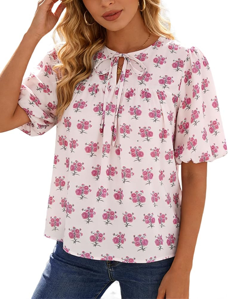 Belle Poque Floral Babydoll Tops for Women Short Puff Sleeve Tie Front Blouse Loose Fit 2026 Summ... | Amazon (US)