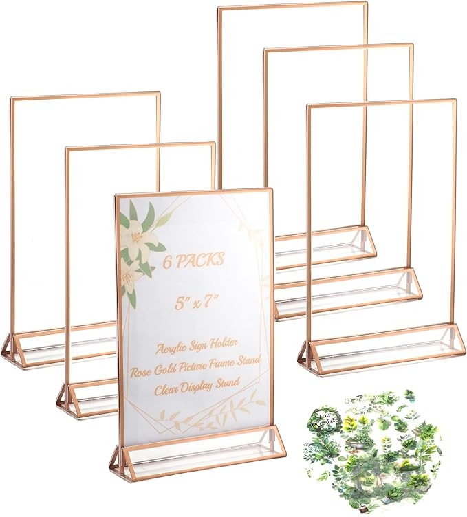 Acrylic Sign Holders 5×7'' – 6 Pack Double-Sided Clear Rose Gold Picture Frames, Flyer Holder,... | Amazon (US)