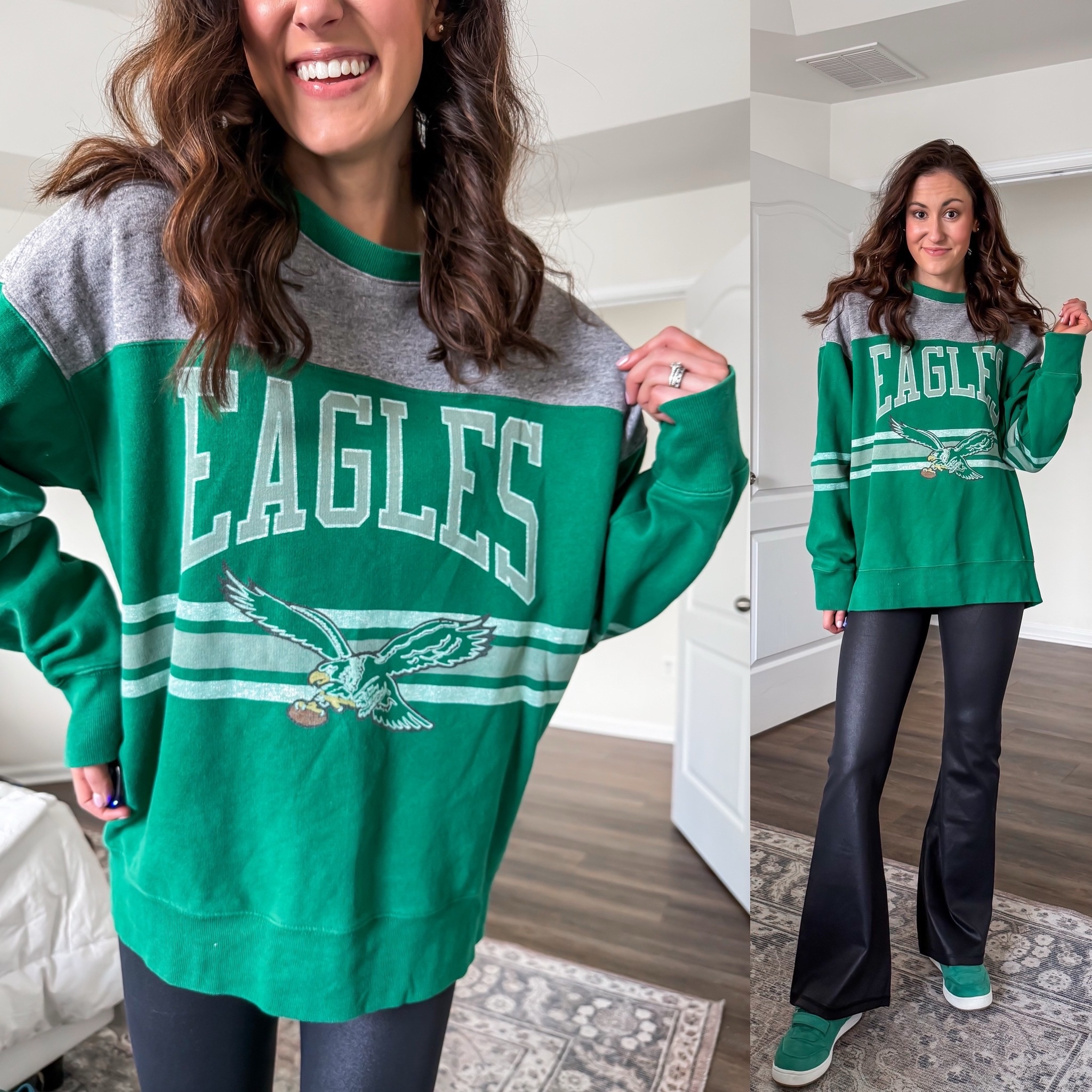 Eagles sweatshirt with faux leather flare pants 💚 use code ELGXSPANX for 10% off + free shipping! 

#LTKSeasonal #LTKStyleTip #LTKFindsUnder100