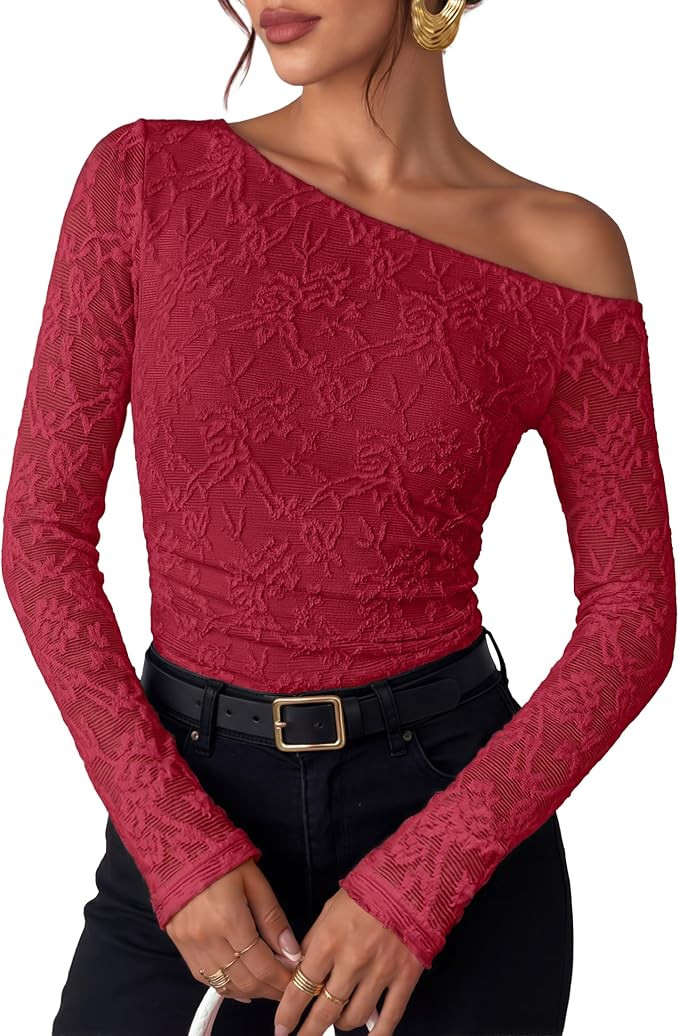 ZESICA Women's Off Shoulder Long Sleeve Going Out Tops | Floral Lace Shirt, Ruched Waist, Fitted ... | Amazon (US)