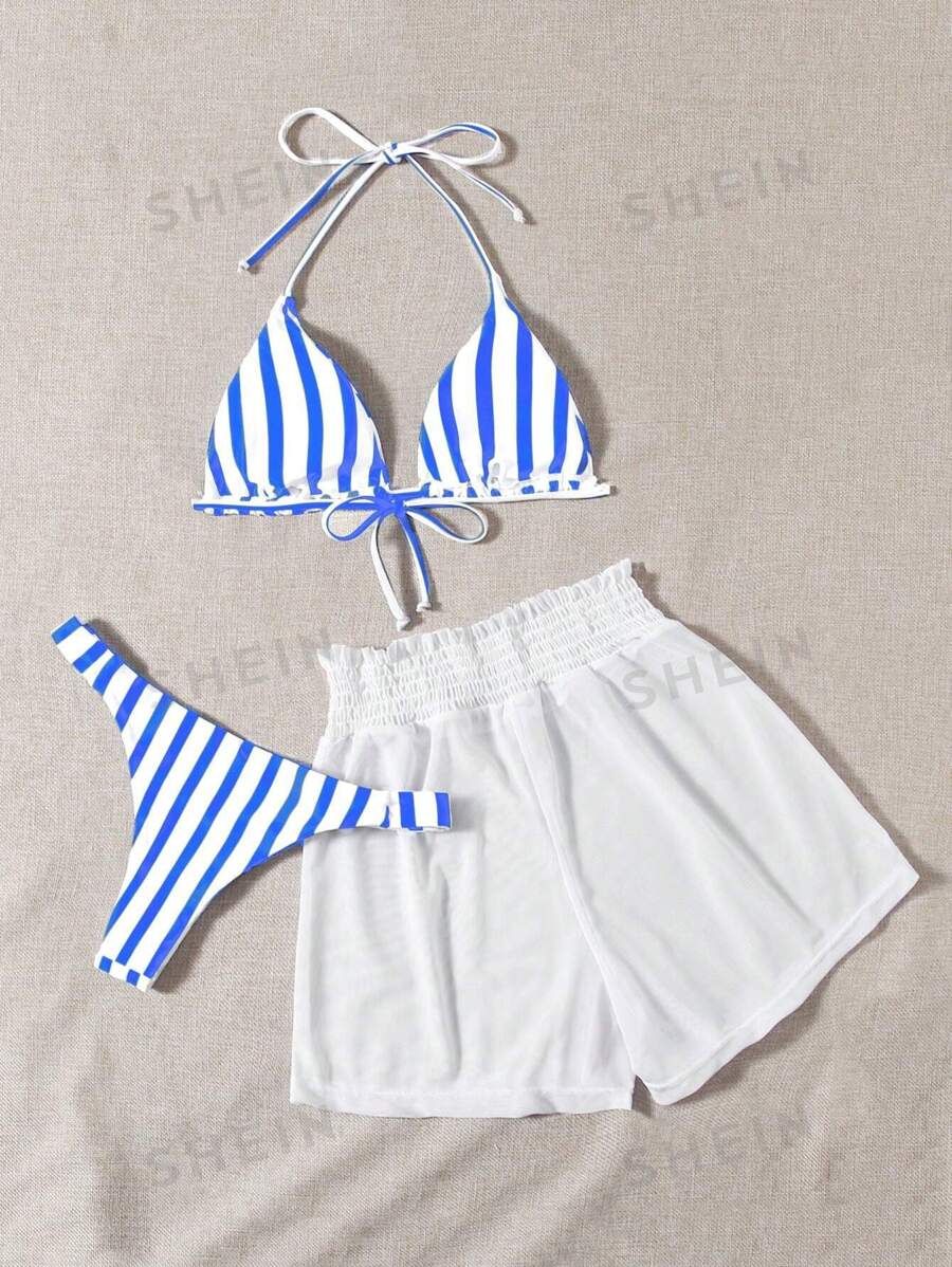 SHEIN Swim Vcay Summer Beach Striped Triangle Bikini Set With Cover Up Shorts | SHEIN