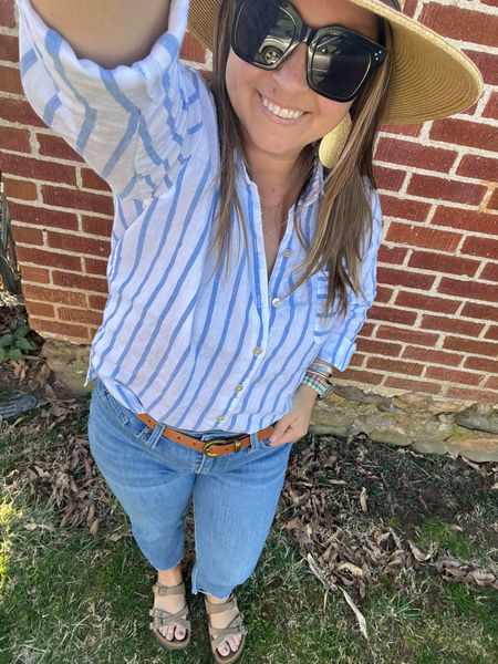 This is my Spring Staple outfit. I’ll be wearing a version of this on repeat until further notice. 

Boyfriend jeans, linen button down, Birkenstock sandals, sunnies and a hat  

#LTKover40 #LTKsalealert #LTKstyletip
