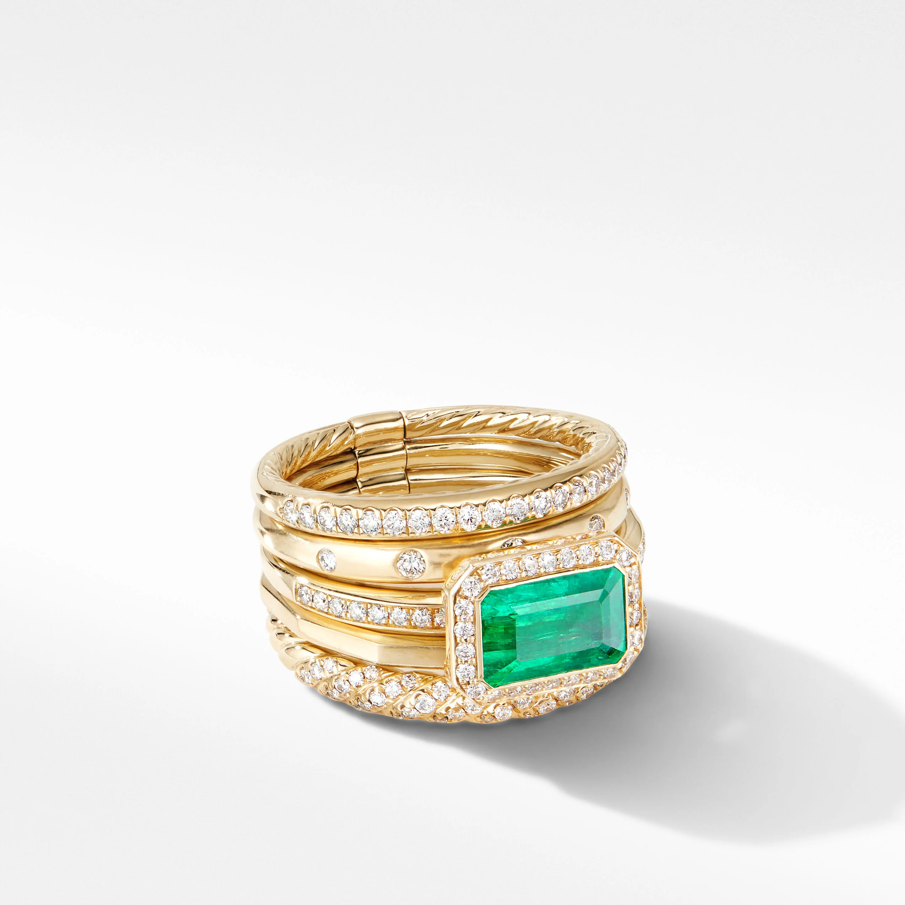 Stax Five Row Ring in 18K Yellow Gold with Emerald and Pavé Diamonds | David Yurman