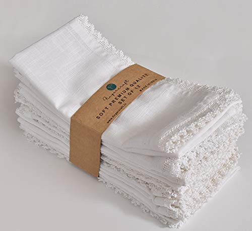 FINGERCRAFT Dinner Cloth Napkin Cotton Linen 12 Pack Vintage Rustic Premium Quality Mitered Corners Napkin Cloth with Elegant Lace for Everyday Use Pre Shrunk and Good Absorbency 20x20 in White | Amazon (US)