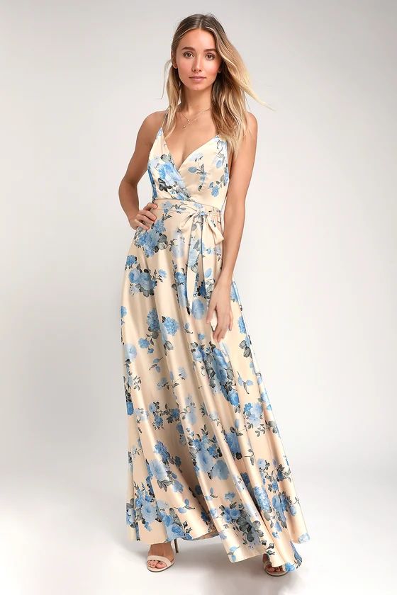 Overjoyed Champagne Satin Floral Print Maxi Dress | Lulus (US)