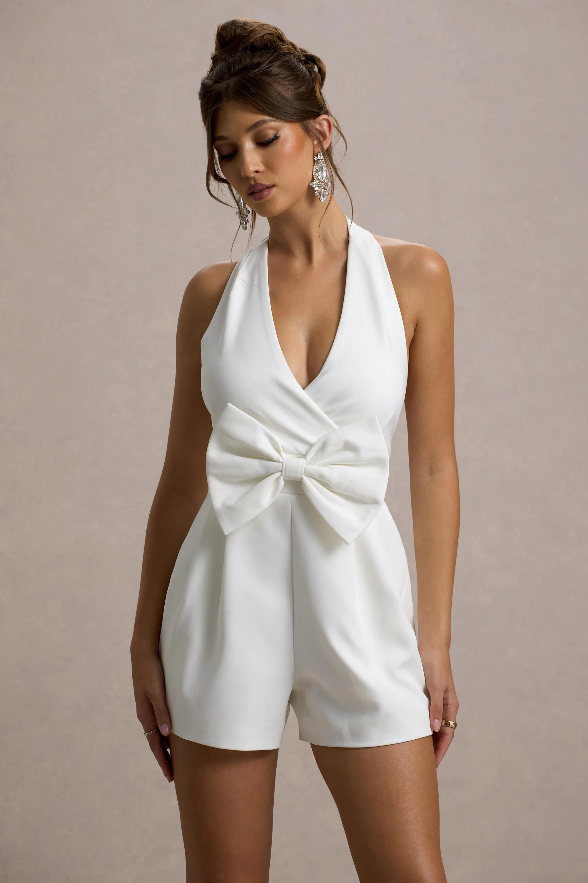 Darla  White Plunge Neck Playsuit With Bow | Club L London