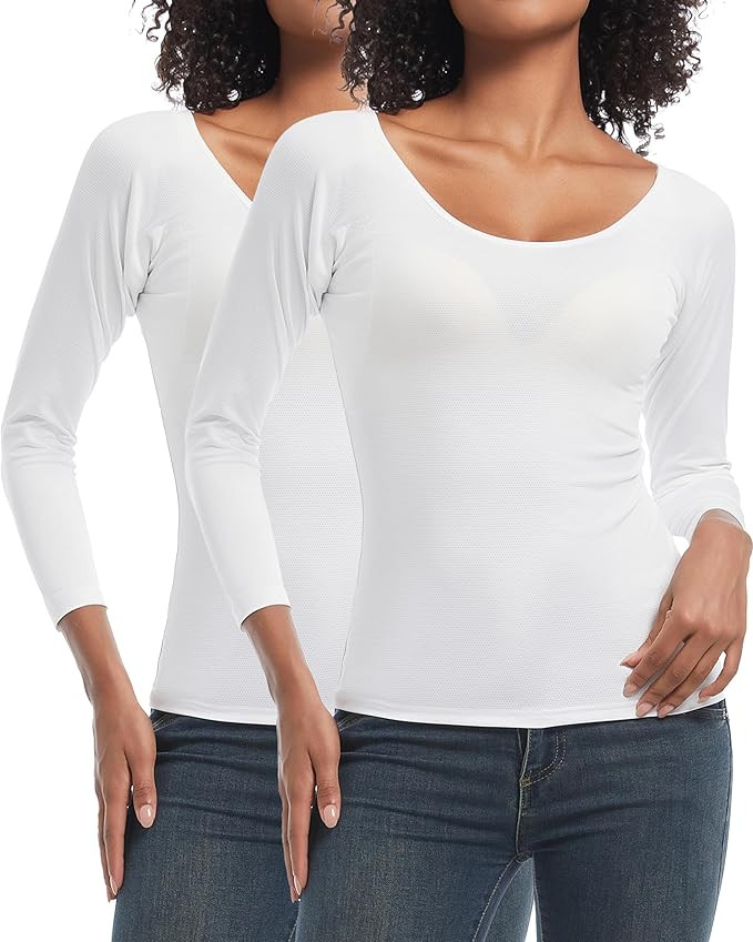 LOVCUIIO Womens Sweatproof Undershirts 2 Pack, Long Sleeve, Breathable Mesh, Slim Fit, Scoop Neck... | Amazon (US)