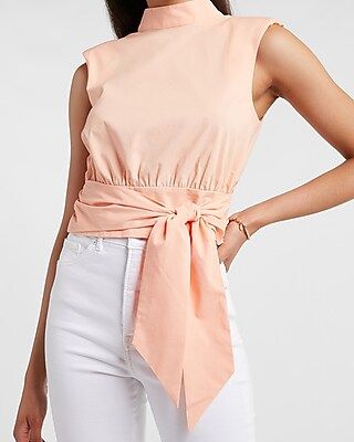 Cropped Tie Front Padded Shoulder Mock Neck Tank | Express