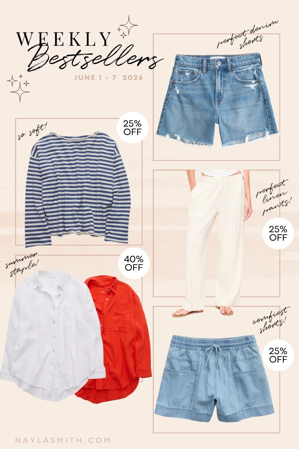 Weekly Bestsellers June 1-7 • my fave denim shorts (I sized up to 32 for a comfy fit), wide leg linen pants (I wear L tall, Canadian link under similar products), chambray pull on shorts (I wear L), oversized gauze button up shirts (I wear L), striped sweater

#LTKsummer #LTKsale #LTKstyletip
