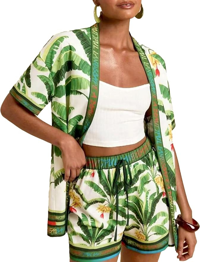 Women Boho Tropical Print Beach Cover Up Shorts Set 2 Piece Summer Lounge Outfit Lightweight Swim... | Amazon (US)