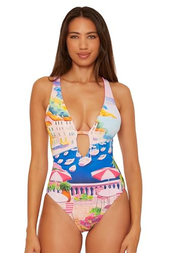 BECCA Positano - Women's One Piece Swimsuit, Plunge Neck, Bathing Suits for Women, Multicolor, Small | Amazon (US)