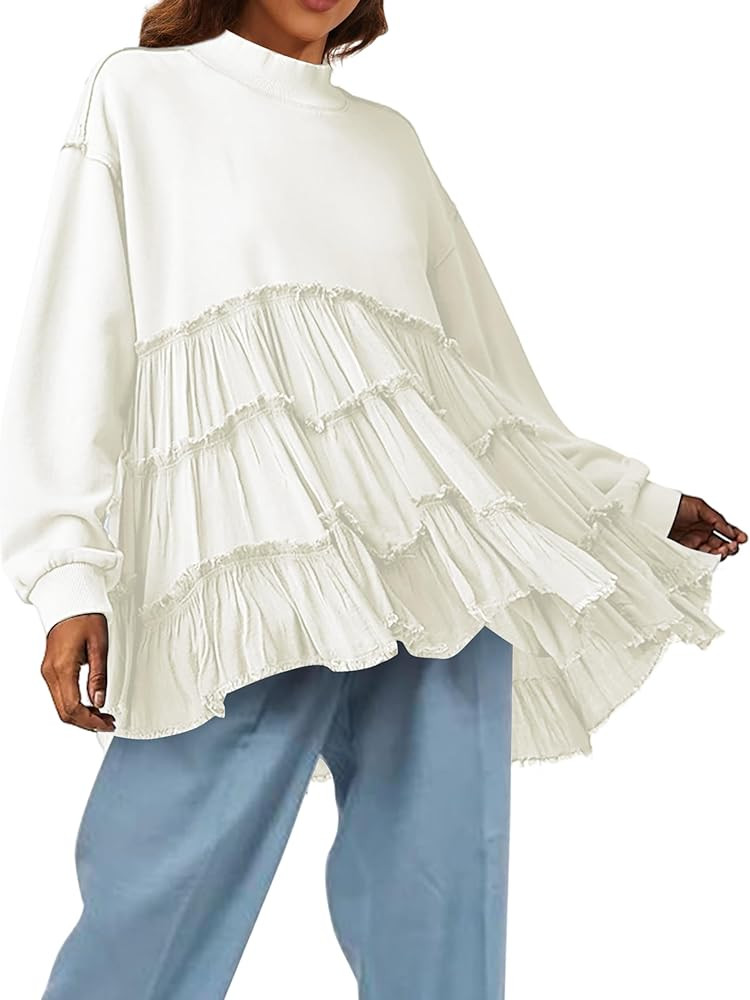 MISSACTIVER Women Oversized Pullover Sweatshirt Dress Long Sleeve Mock Neck Patchwork Ruffle Hem ... | Amazon (US)