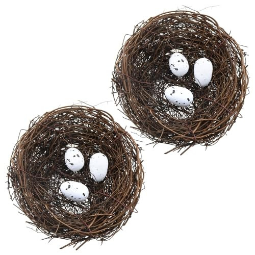 LUORNG 2PCS 4.7 Inch Brown Dry Rattan Handmade Artificial Bird Nest Decoration with Faux Bird Egg Crafts Bird Nest for Crafts Patio Garden Plant Planter | Amazon (US)