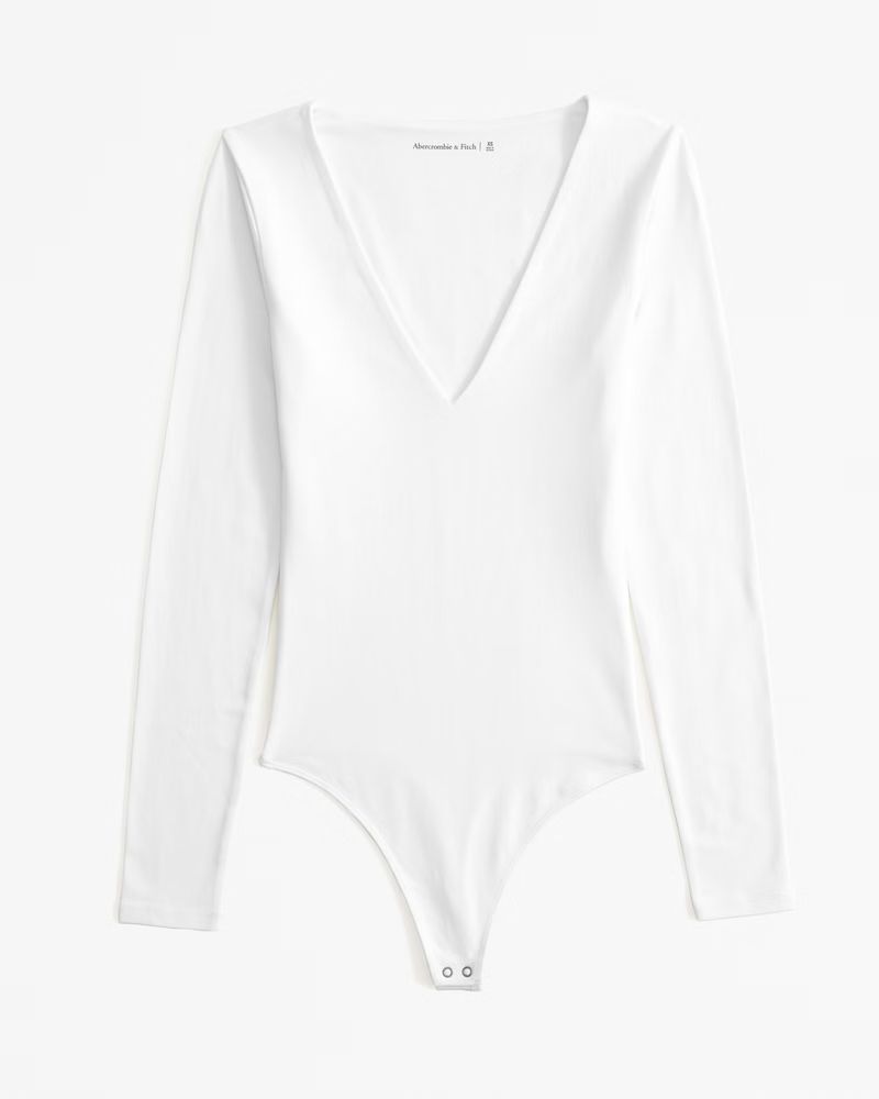 Long-Sleeve Cotton-Blend Seamless Fabric V-Neck Bodysuit | Abercrombie & Fitch (US)