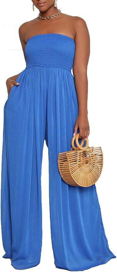 Ophestin Women Casual Solid Off Shoulder Smocked Drawstring Wide Leg Pants One Piece Jumpsuits Ro... | Amazon (US)
