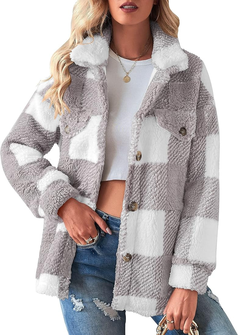 Amazon.com: MEROKEETY Womens Plaid Fuzzy Sherpa Jacket Winter Warm Lapel Fleece Casual Outwear Co... | Amazon (US)