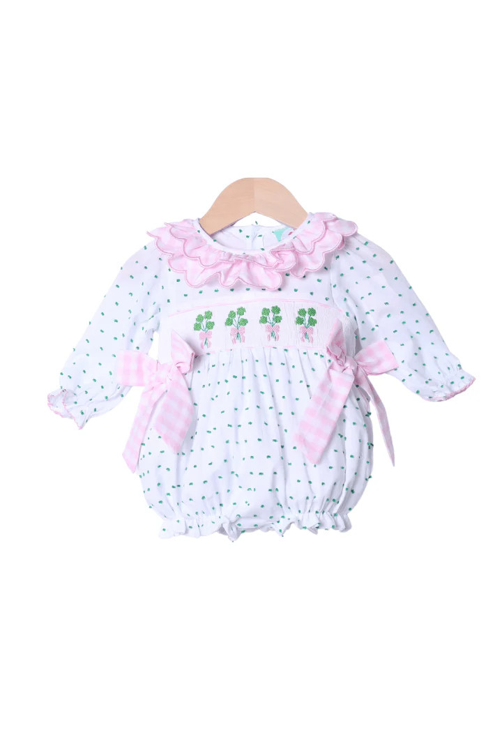 Smocked Four Leaf Clover Swiss Dot Bubble | The Smocked Flamingo