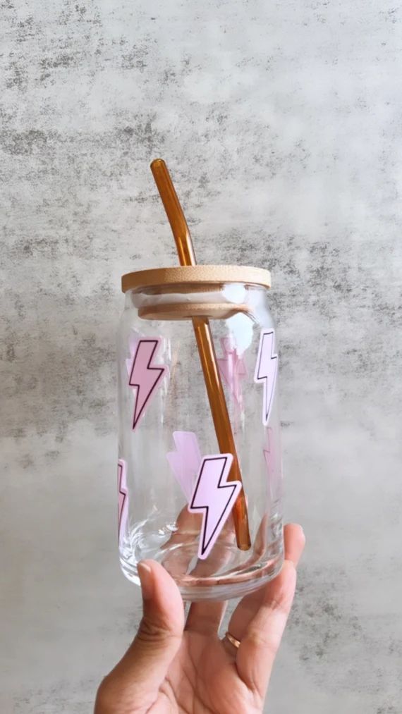 Lightning Bolt Iced Coffee Glass Cup Lid and Strawsoda Can - Etsy | Etsy (US)