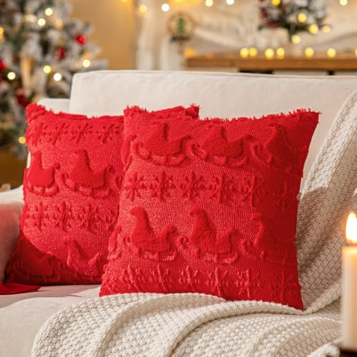 SINYASAN Red Snowflake Christmas Throw Pillow Covers 18"x18" Sleigh Shaped Farmhouse Pillow Covers Faux Wool Soft Plush Pillow Covers Thanksgiving Decorative Cushion Covers for Winter Holiday Decor | Amazon (US)