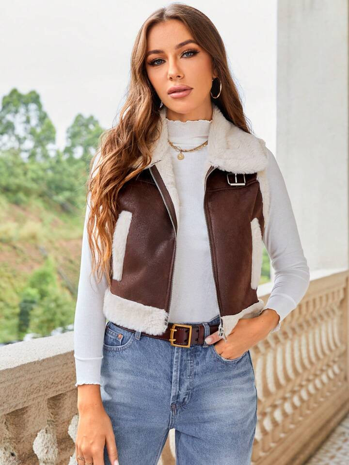 RELISH NOLESS Borg Collar Teddy Lined Vest Jacket | SHEIN