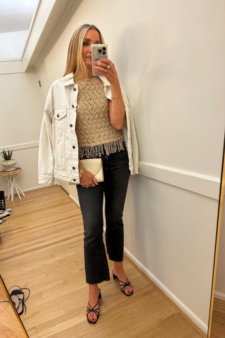 Weekend going out outfit! Black crop flare jeans, white denim trucker jacket, strappy heels, Nisolo crossbody bag, ag jeans, Anthropologie fall jacket, black heels, date night, work outfit, office outfit 

#LTKover40 #LTKfindsunder100 #LTKworkwear